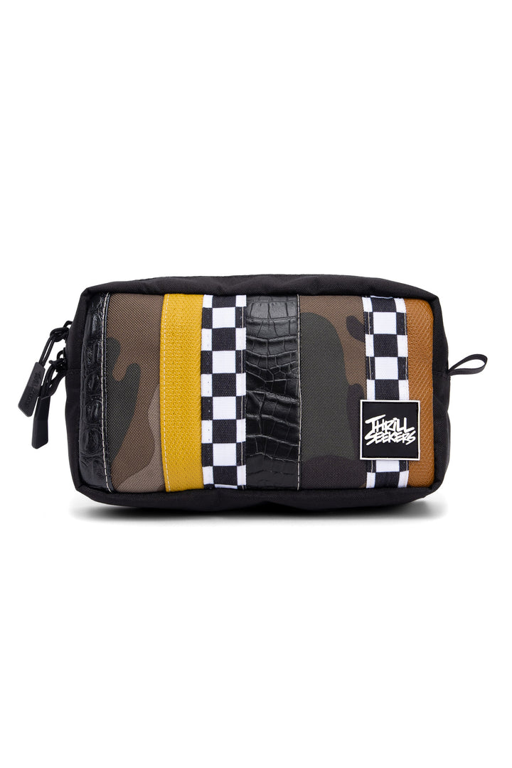 Multicolored pouch with checkered and camouflage patterns on a white background