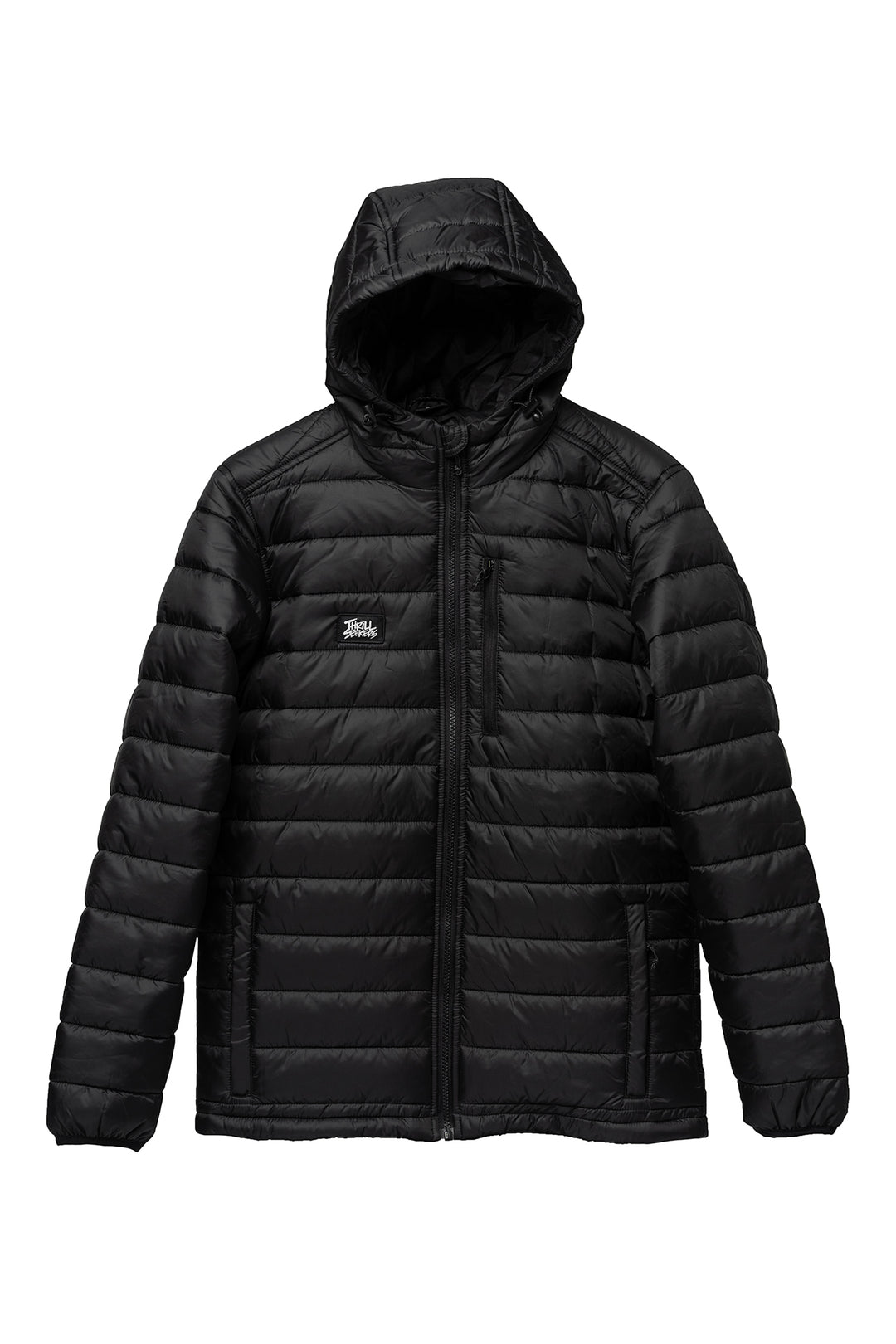 Black puffer jacket with a Thrill Seekers logo on a white background
