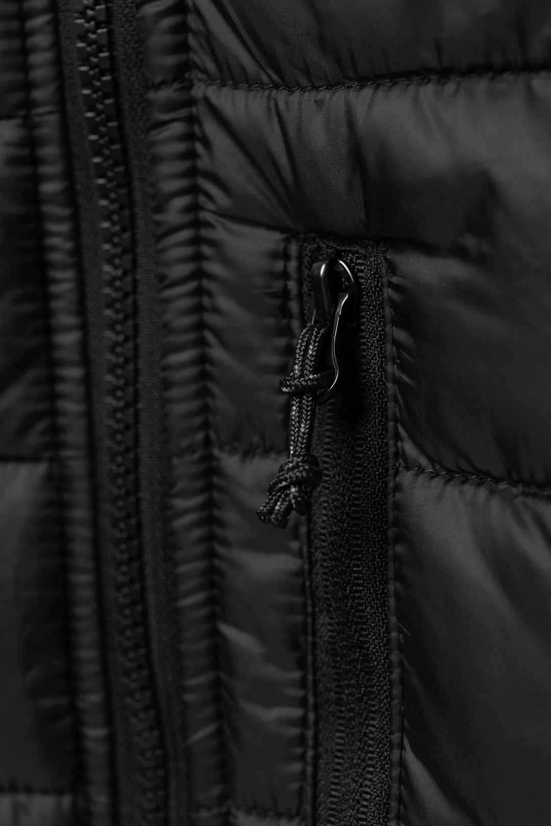 Close-up of a black quilted jacket zipper