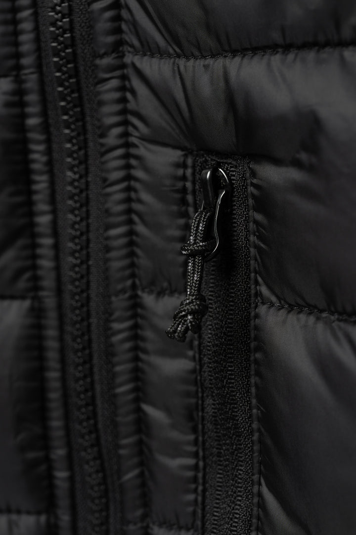 Close-up of a black quilted jacket zipper