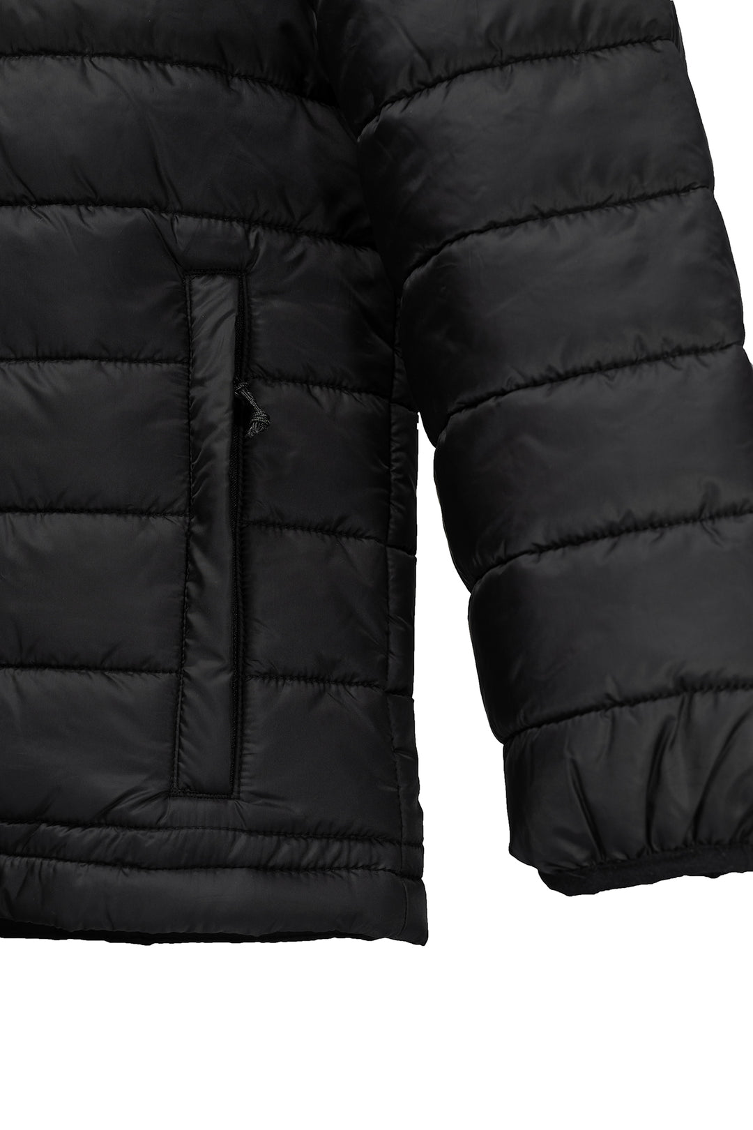 Close-up of a black puffer jacket zip pocket on a white background
