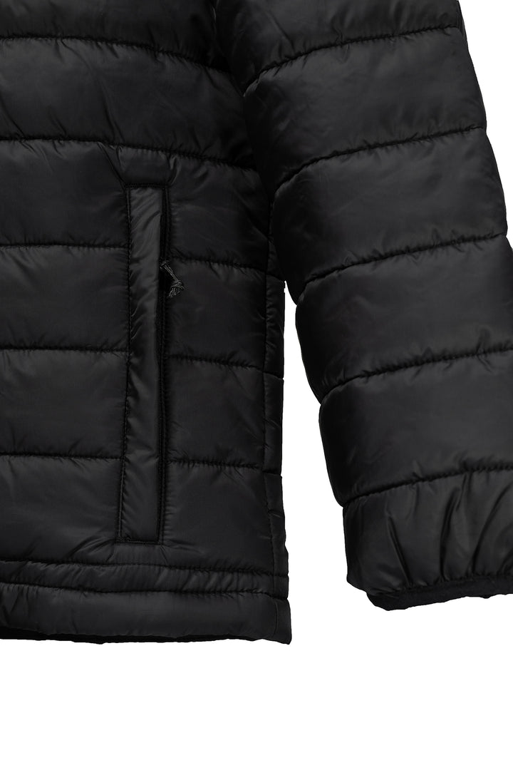 Close-up of a black puffer jacket zip pocket on a white background
