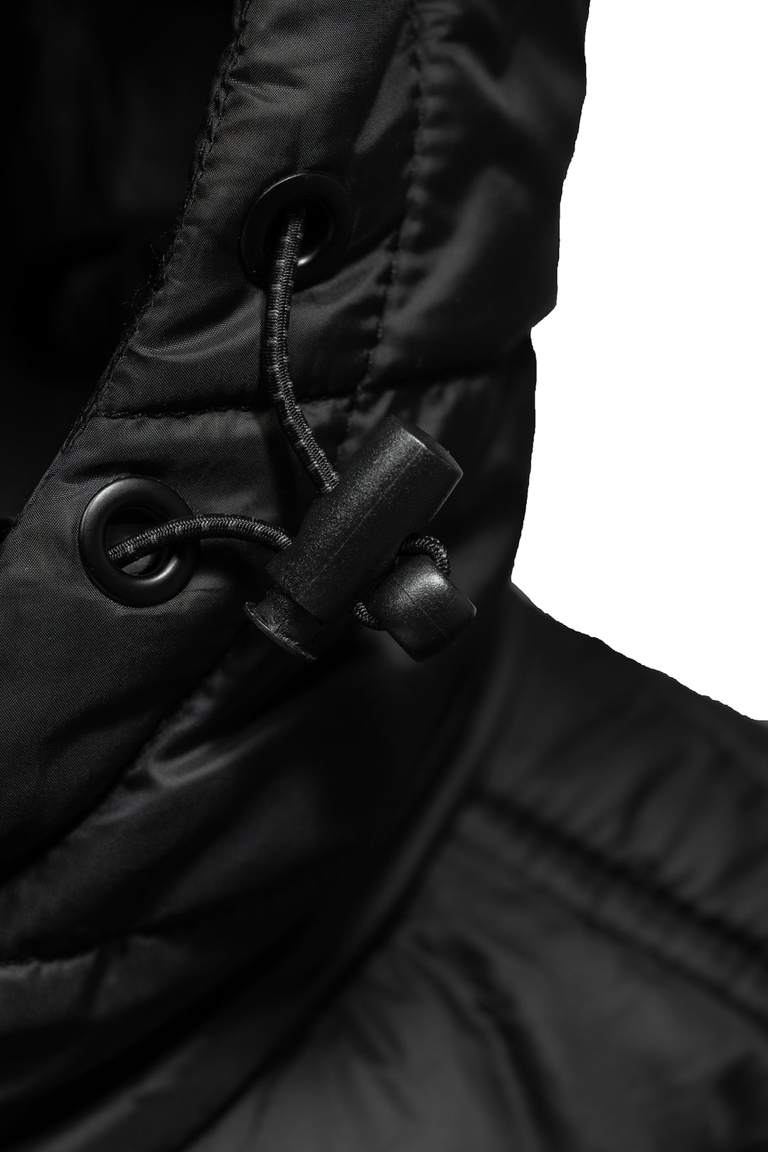 Close-up of a black jacket hood details on a white background