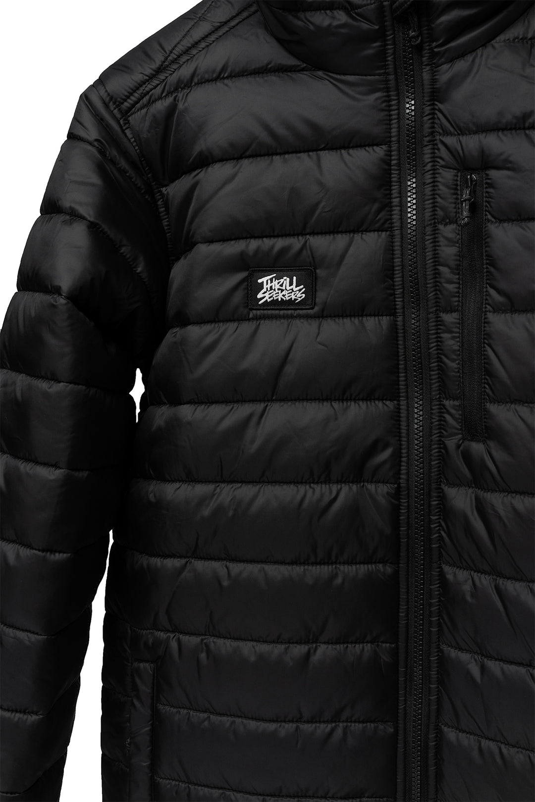 Black puffer jacket with a Thrill Seekers logo on a white background