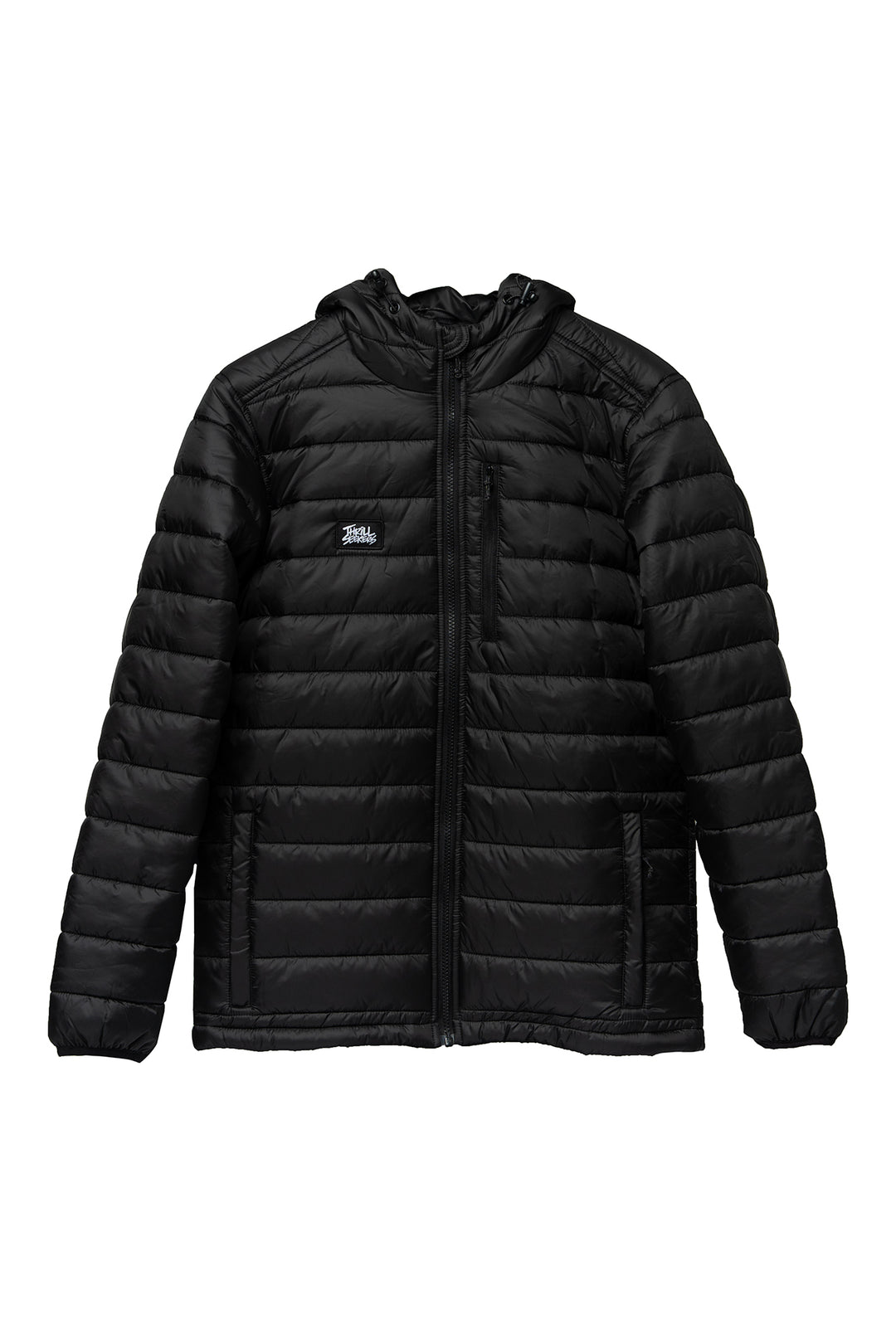 Black puffer jacket on a white background