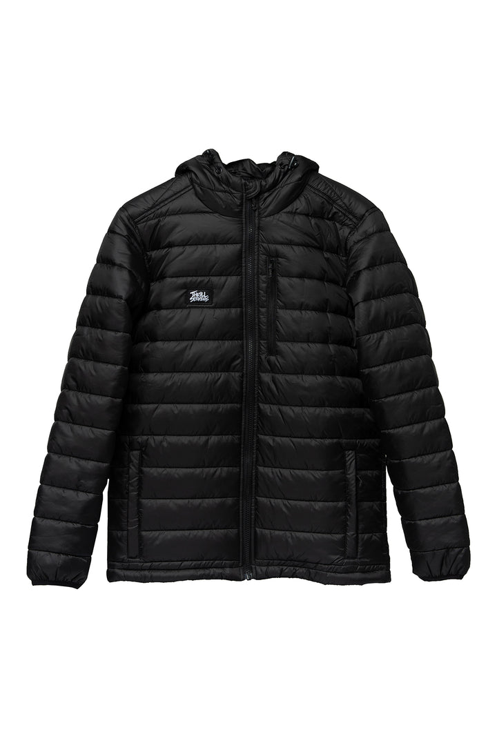 Black puffer jacket on a white background