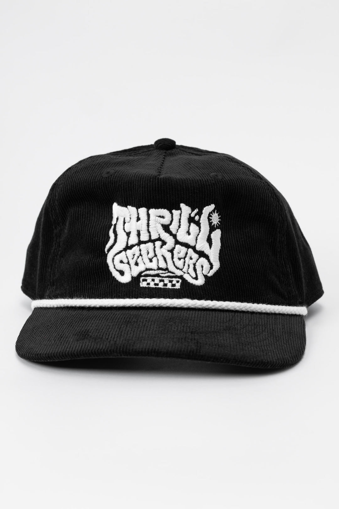Black cap corduroy with 'Thrill Seekers' smokin' white logo on a white background