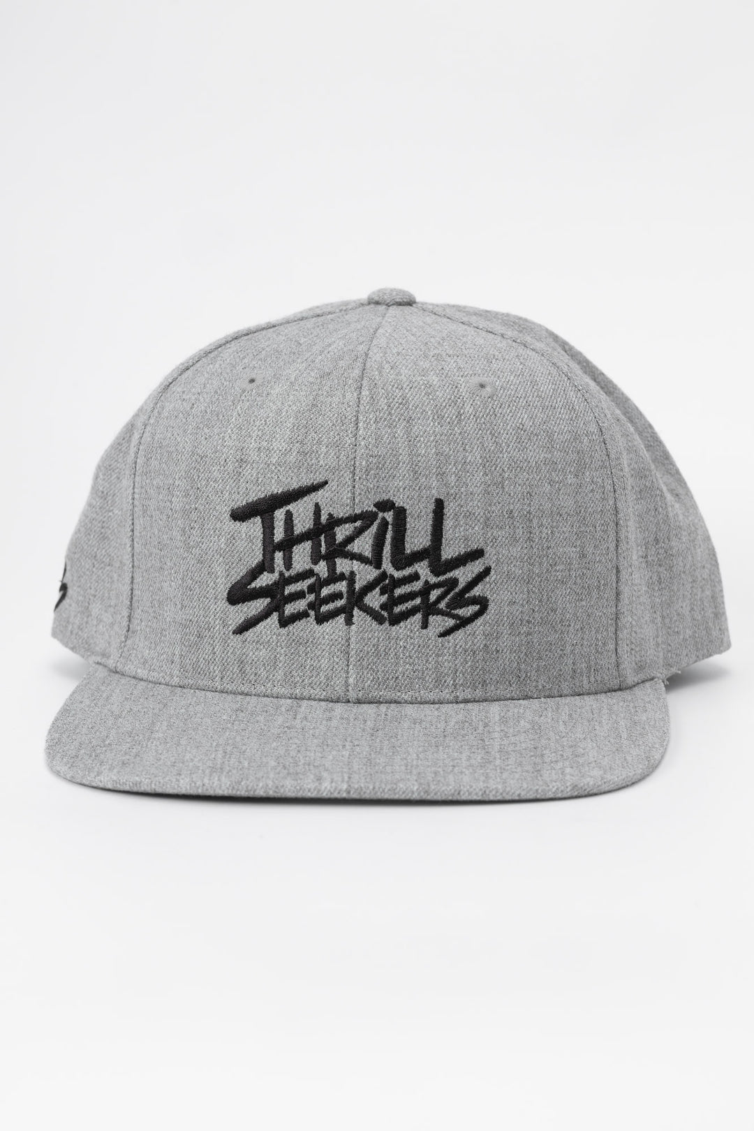 Grey snapback hat with 'Thrill Seekers' logo in black