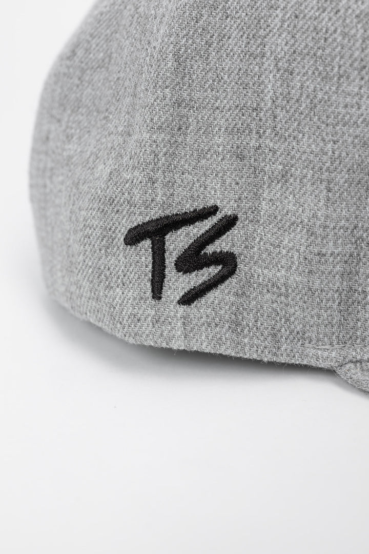 Side profile of grey cap with black 'TS' logo on a white background