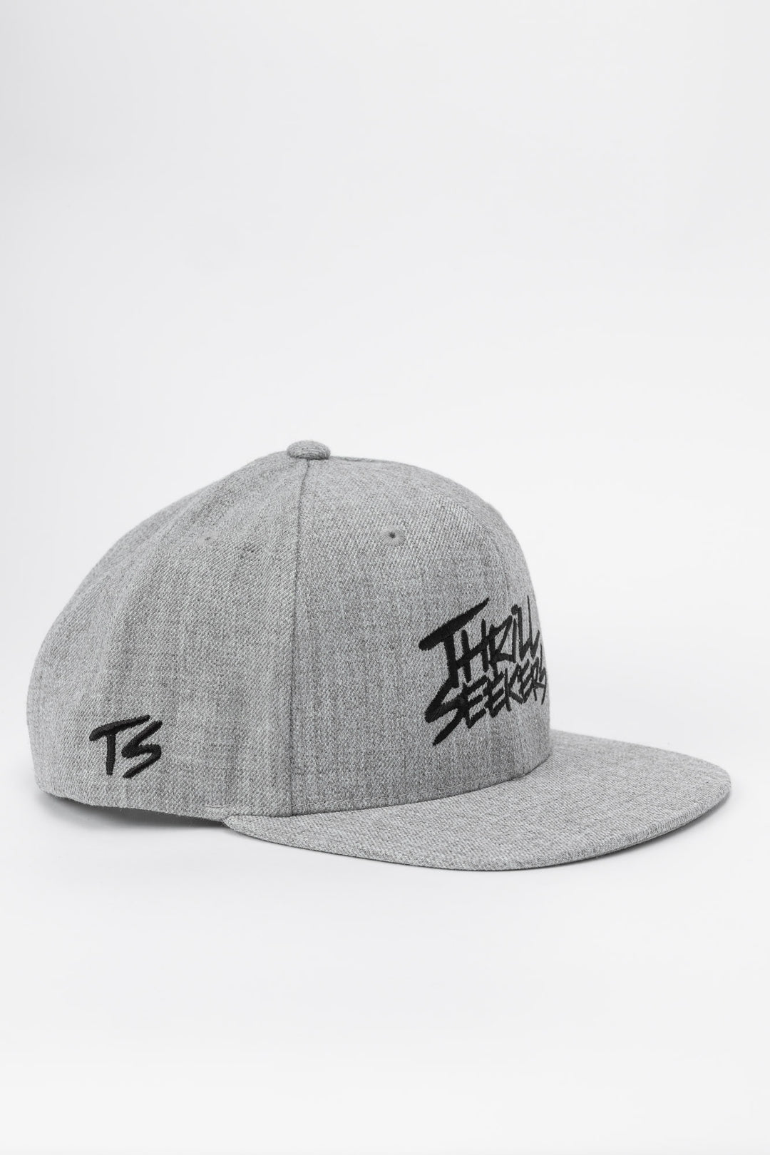 Grey cap with black 'Thrill Seekers' logo on a white background