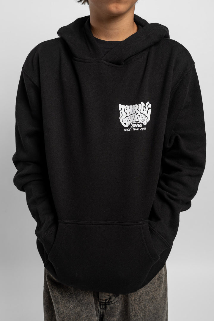 Kid wearing black hoodie with 'Thrill Seekers' smokin' logo in black