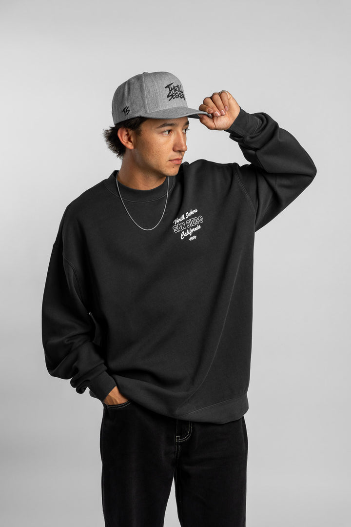 Person wearing a grey snapback hat with 'Thrill Seekers' logo in black