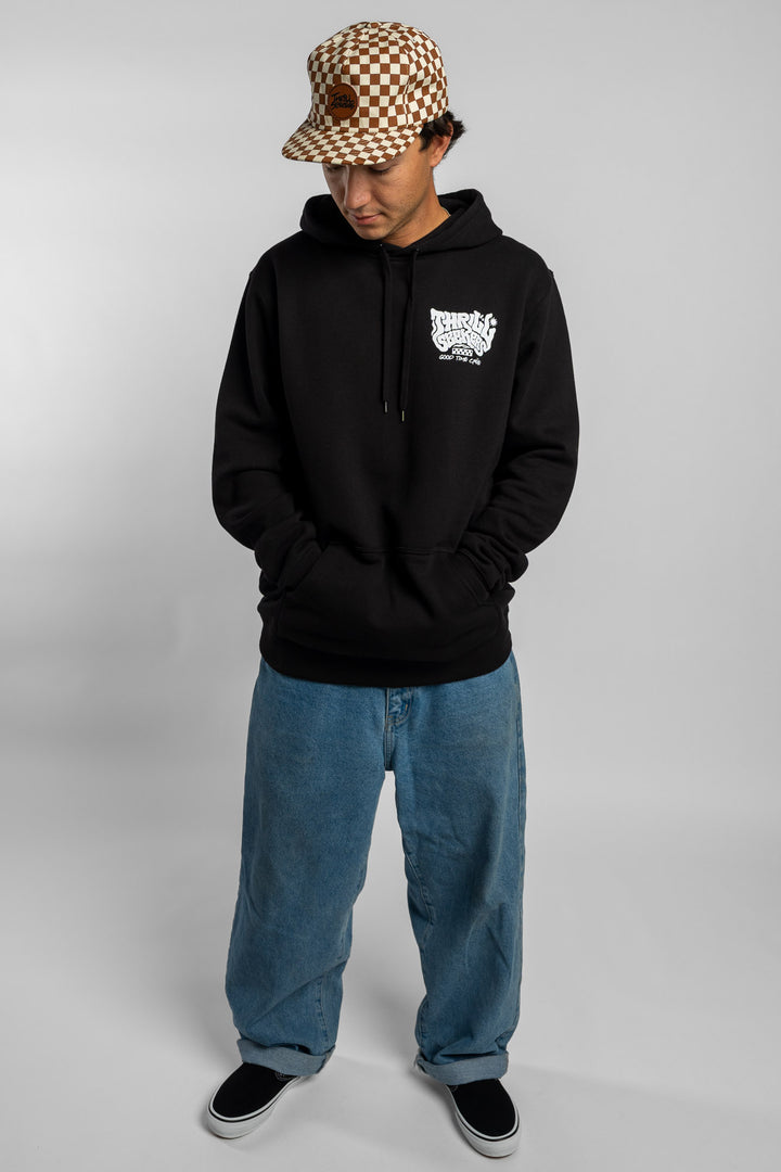 Person wearing a black hoodie with a 'Thrill Seekers' smokin' logo in white